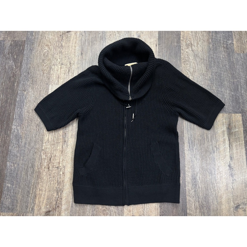 Michael Michael Kors Black Waffle Knit Zip Up Short Sleeve Funnel Neck Sweater P